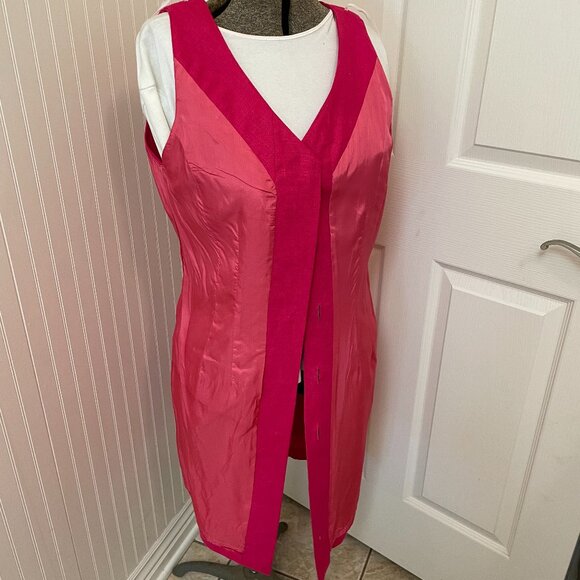 SAKE 100% LINEN BUTTON FRONT SLEEVELESS SHEATH DRESS, FUSHIA, SIZE 10 - Picture 4 of 7